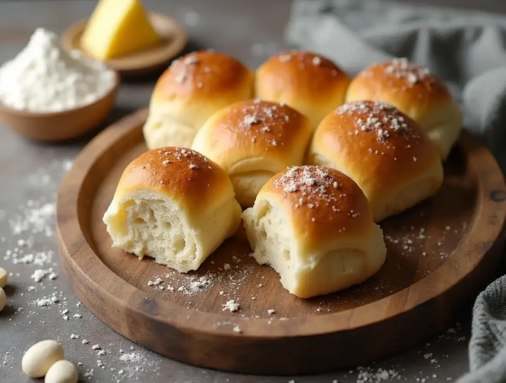 Golden no-yeast dinner rolls on a wooden tray with baking ingredients.