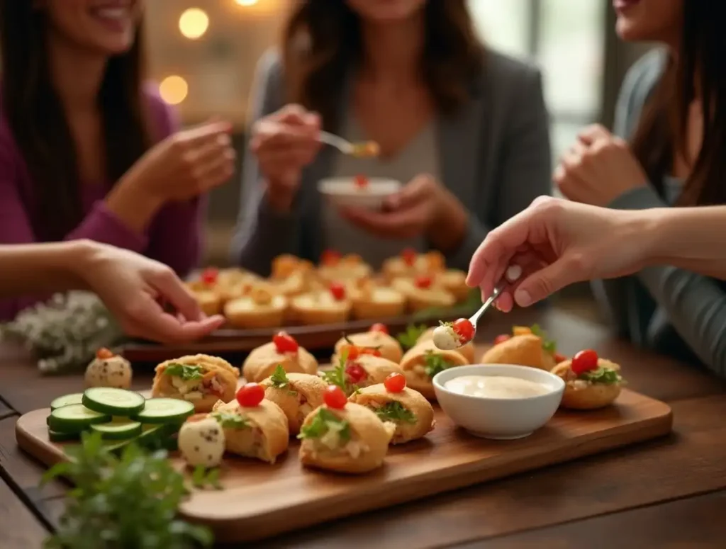 Friends enjoying a vibrant platter of finger foods at a cozy gathering, featuring fresh vegetables, mini sandwiches, and dipping sauces under warm lighting.