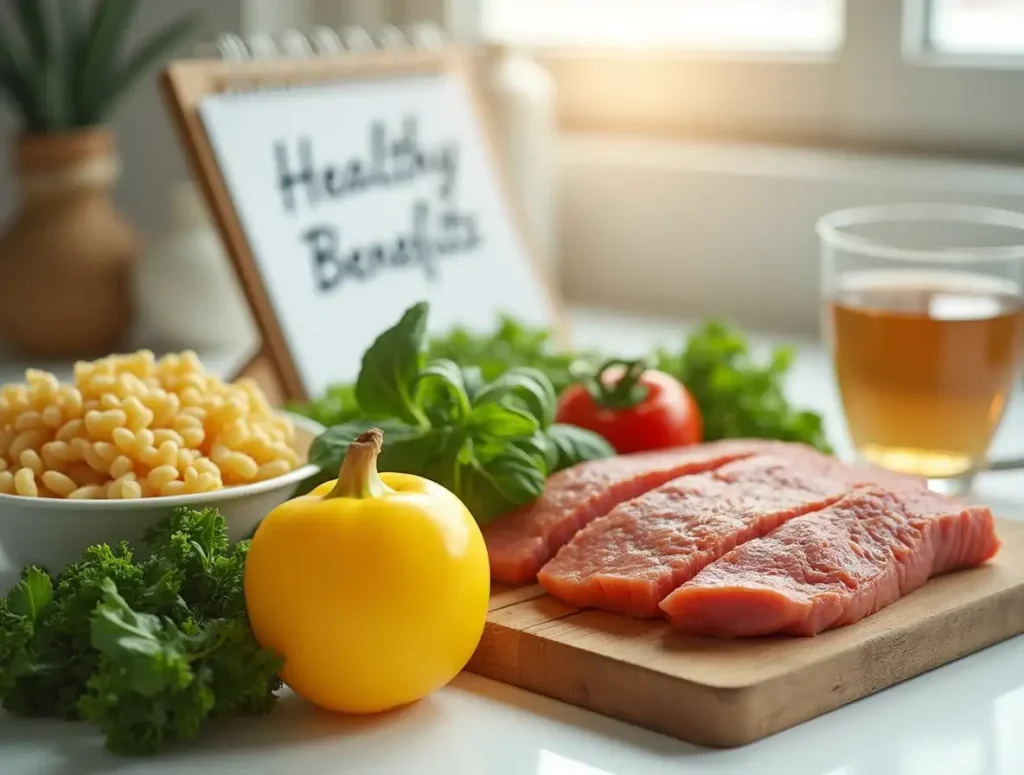 Fresh ingredients like vegetables, lean protein, and gluten-free pasta displayed with a notepad reading 'Healthy Benefits' and herbal tea.