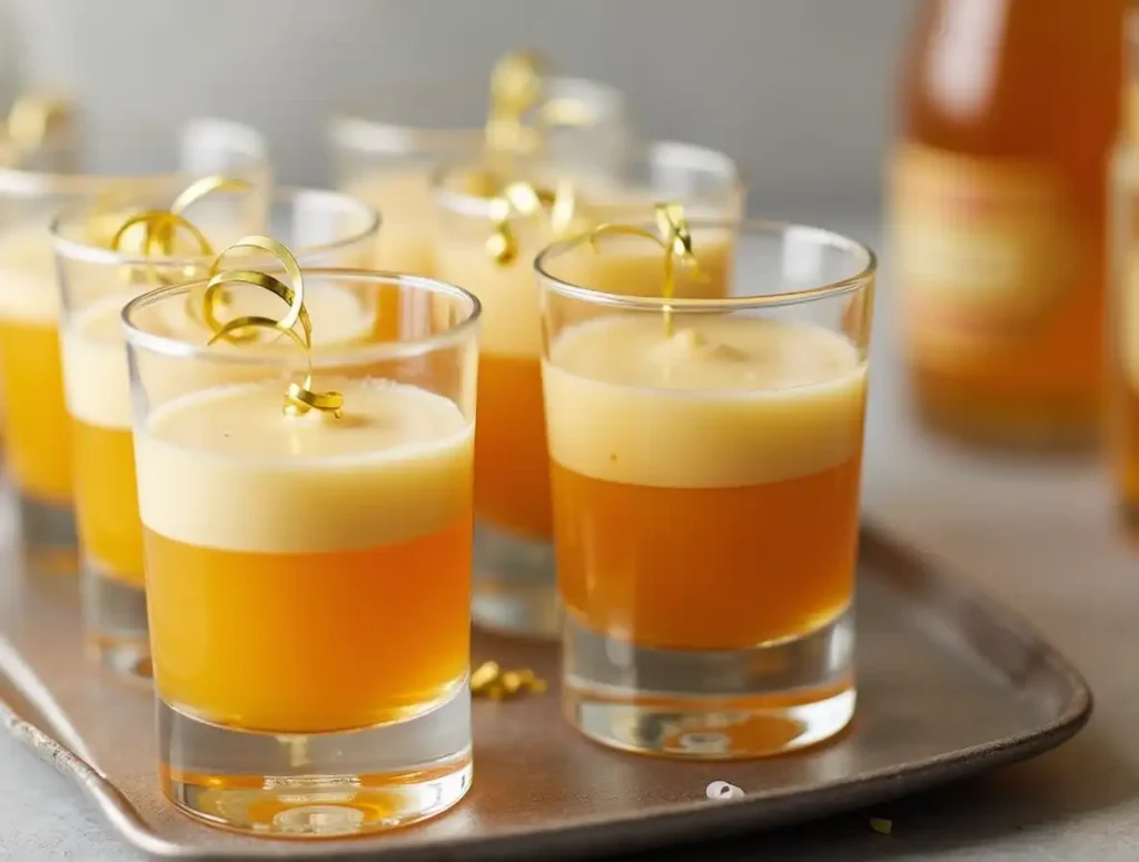 A tray of Buttery Nipple Recipe shots on a festive table with confetti.