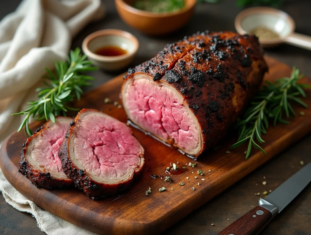 uicy venison roast with herbs and gravy on a rustic wooden board.