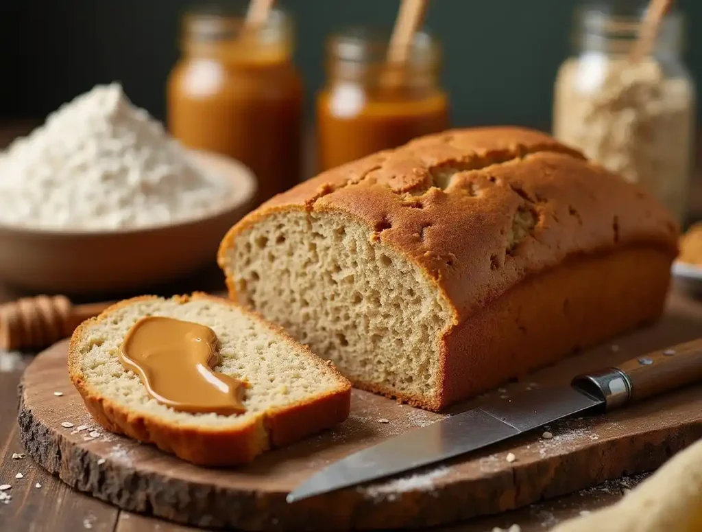 Whole grain bread with peanut butter and natural ingredients in a cozy kitchen setting.