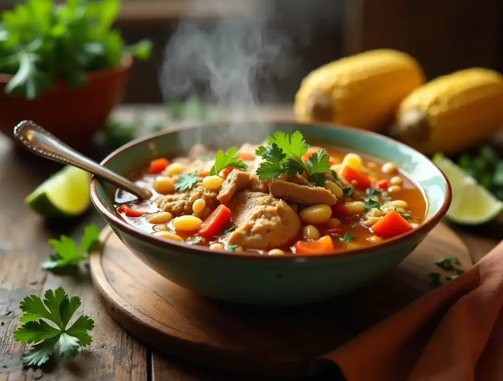 A steaming bowl of caldo de pollo with vibrant vegetables and fresh garnishes.