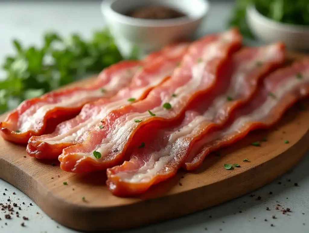 Perfectly cooked beef bacon strips on a wooden cutting board with herbs and spices