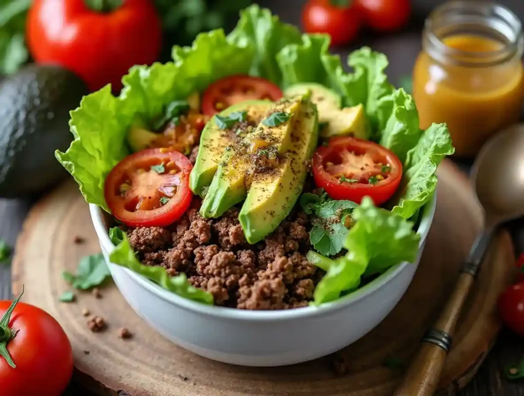 Burger bowl showcasing fresh ingredients and health benefits on a rustic table.