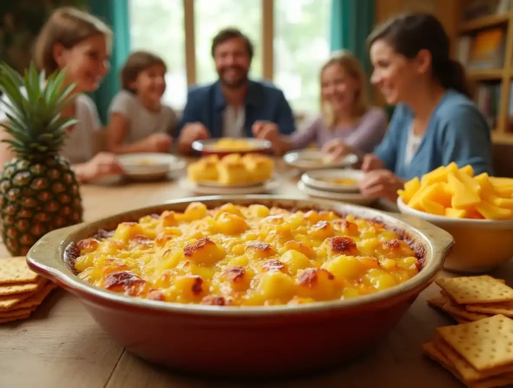 A golden pineapple casserole on a table surrounded by fresh ingredients and a happy family in the background.