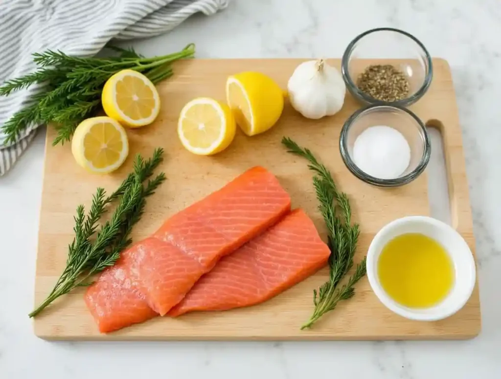 Fresh steelhead trout fillets with lemon, garlic, and dill on a cutting board.