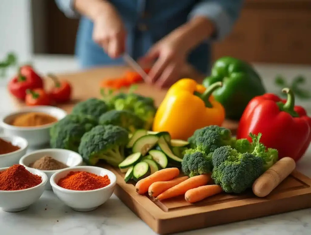 Fresh vegetables and spices being prepared for a healthy and flavorful spicy vegetable recipe.