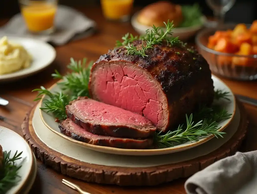 Juicy roast beef on a dinner table with sides and warm lighting.