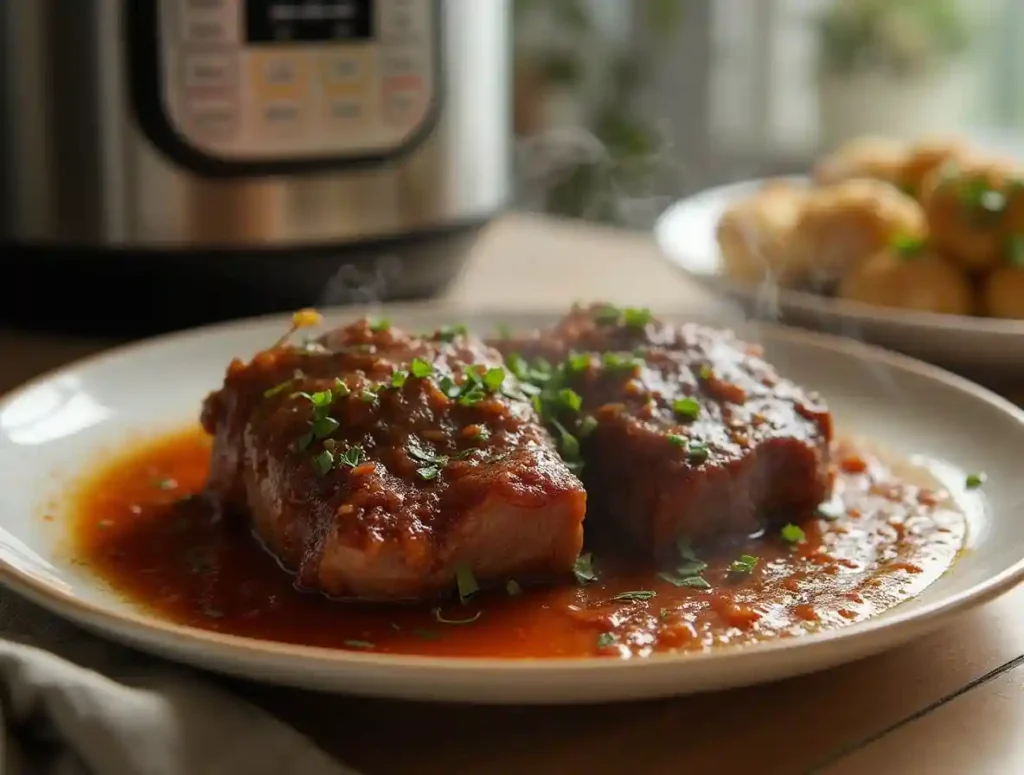 tender Bone In Shank Recipe in Pressure Cooker, served with a rich, savory sauce and garnished with fresh herbs, with a pressure cooker in the background.