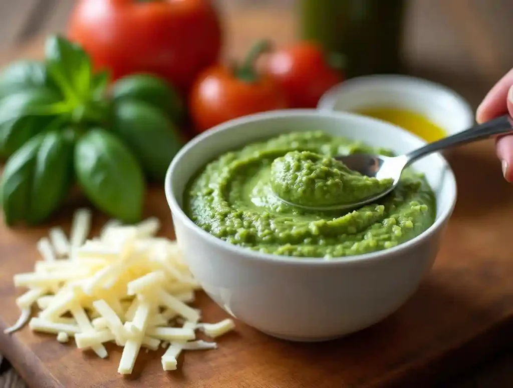 A bowl of creamy Cottage Cheese Provolone Pesto Recipe with fresh basil and provolone cheese, beautifully arranged on a rustic wooden board