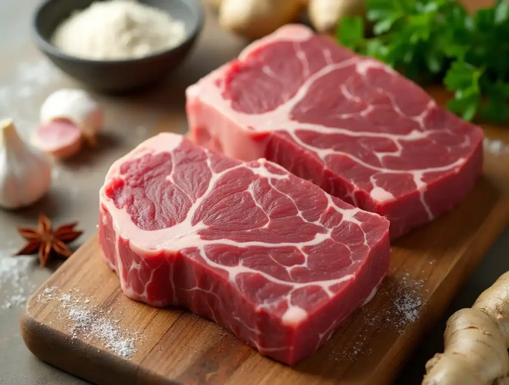  Fresh beef tendon with garlic, ginger, star anise, and collagen powder on a wooden board.