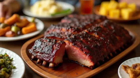 A platter of BBQ-glazed beef back ribs with sides like coleslaw and cornbread, showcasing their irresistible appeal.