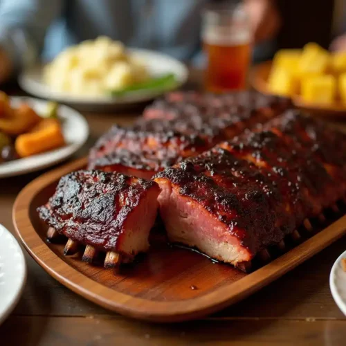 A platter of BBQ-glazed beef back ribs with sides like coleslaw and cornbread, showcasing their irresistible appeal.