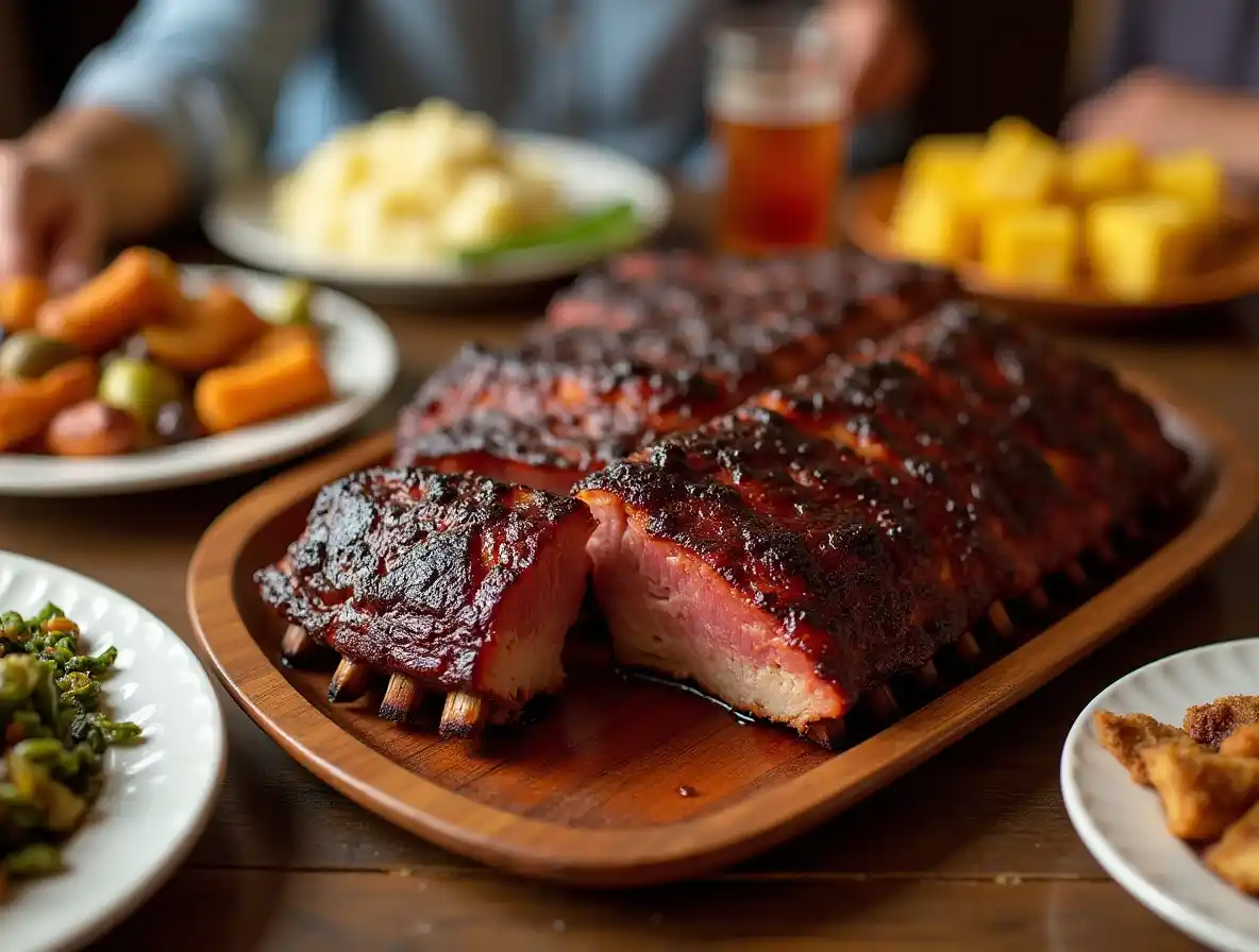 A platter of BBQ-glazed beef back ribs with sides like coleslaw and cornbread, showcasing their irresistible appeal.