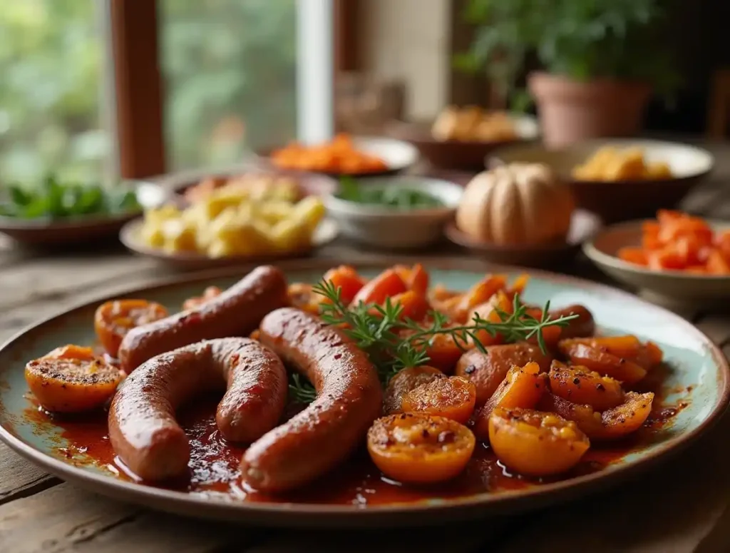 Family-style beef sausage dish served with roasted vegetables.