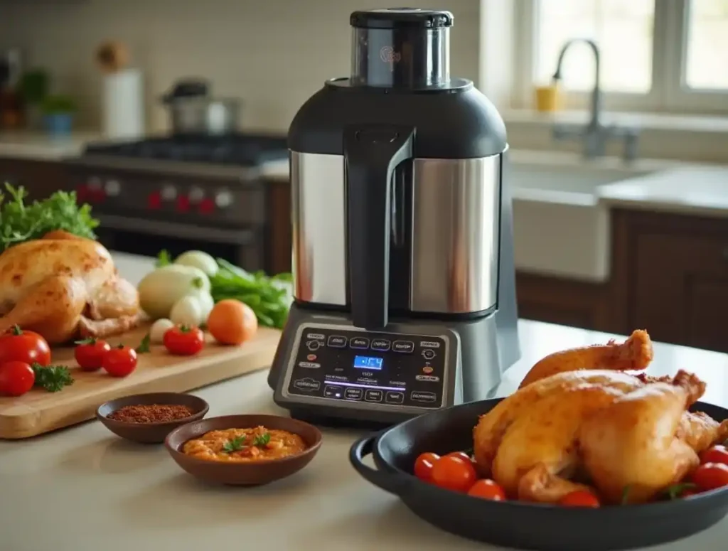 A Ninja Foodi on a kitchen counter with fresh ingredients and a cooked chicken showcasing versatility.