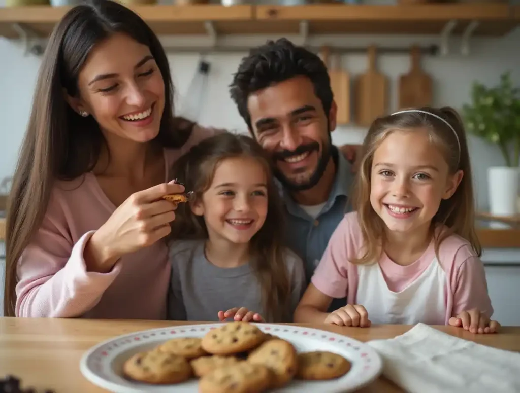 A family enjoying Nestle Toll House chocolate chip cookies in a cozy kitchen.