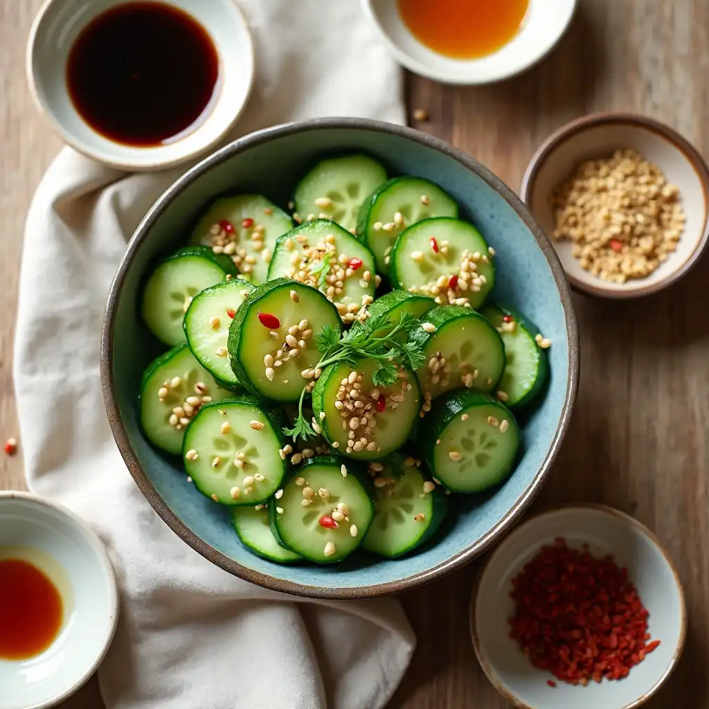 Key benefits of Din Tai Fung-inspired cucumber salad shown with fresh ingredients and a vibrant serving.