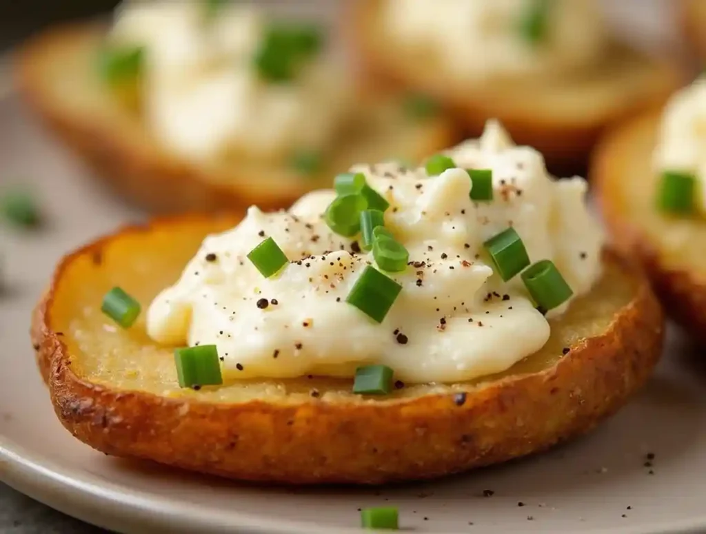 Crispy Cottage Cheese Air Fryer Baked Potato Skins with a golden crust and creamy cottage cheese filling, garnished with chives.