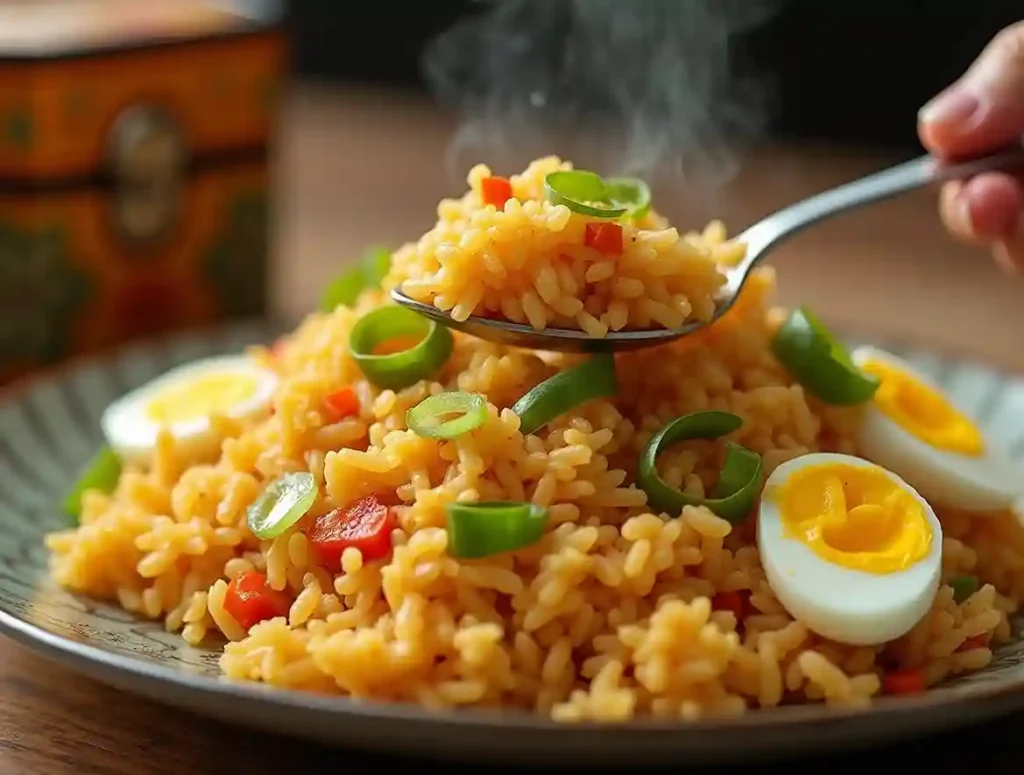 A steaming plate of Anjappar Egg Fried Rice, featuring fluffy eggs, aromatic spices, and basmati rice garnished with spring onions.