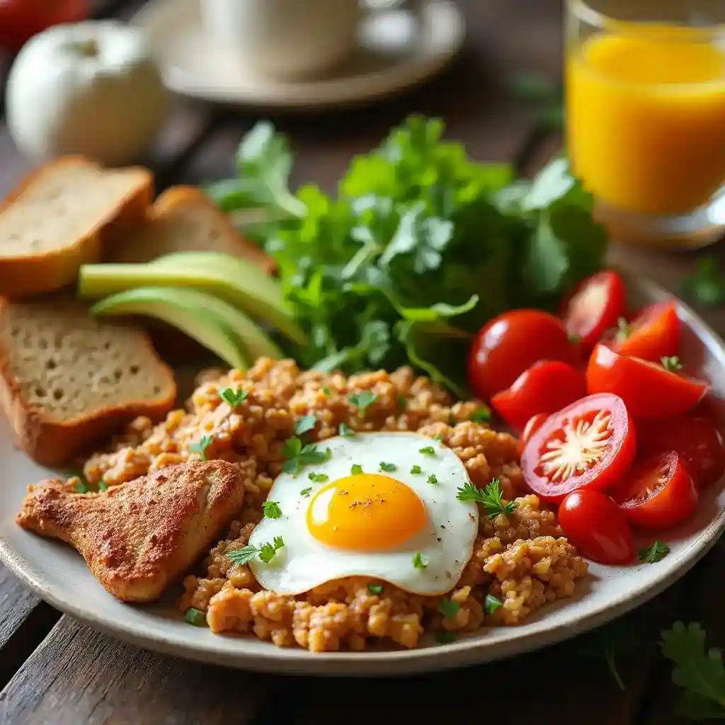 A nutritious and hearty chicken breakfast plate featuring grilled chicken, a fried egg, seasoned grains, fresh cherry tomatoes, avocado slices, whole-grain bread, and leafy greens.