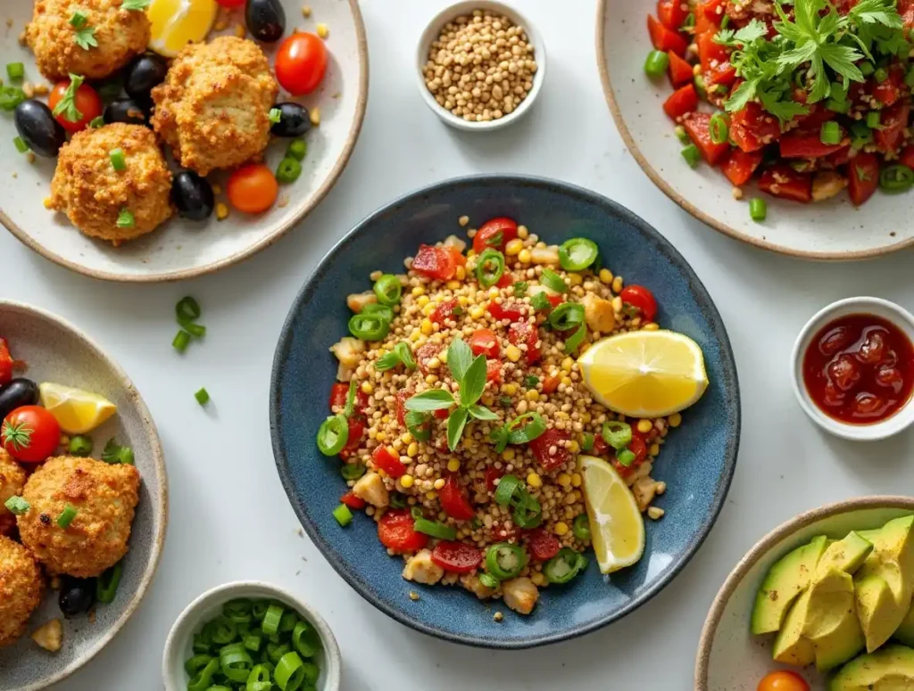 Ninja Foodi recipes with Mediterranean, Asian, and Mexican variations displayed around the appliance.