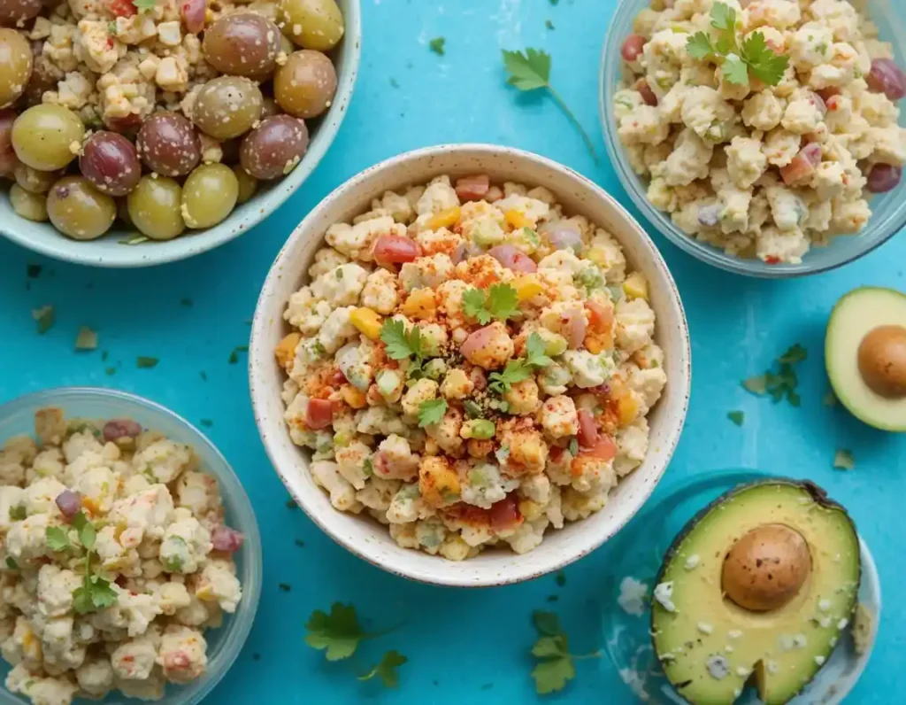 Three variations of premade chicken salad featuring grapes, avocado, and herbs.