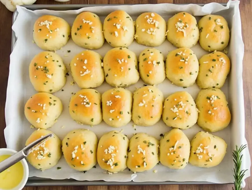 Soft buttered dinner rolls in variations with garlic, herbs, and cheese, made from a no-yeast recipe