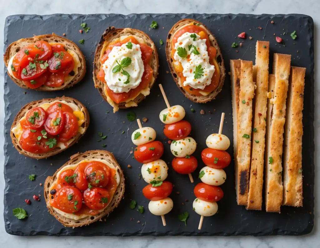 A variety of appetizers for lasagna dinner, featuring bruschetta with ricotta, Caprese skewers with salami, and spicy breadsticks on a slate board.