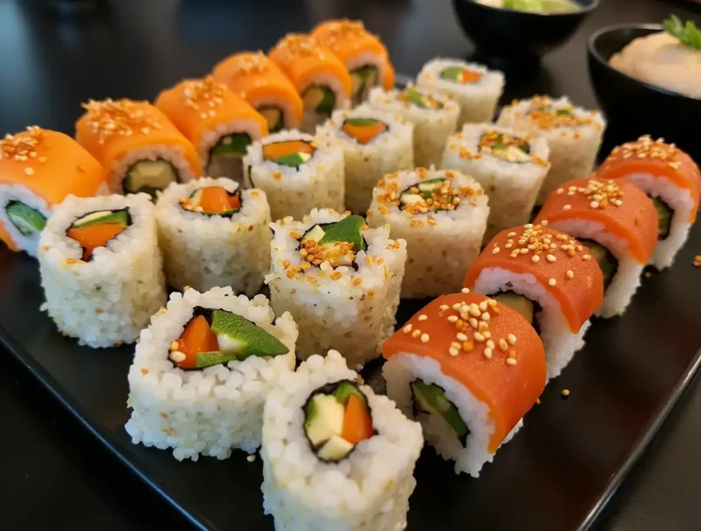 A sushi platter with vegetarian, inside-out, and spicy tuna rolls, emphasizing variety and creativity.