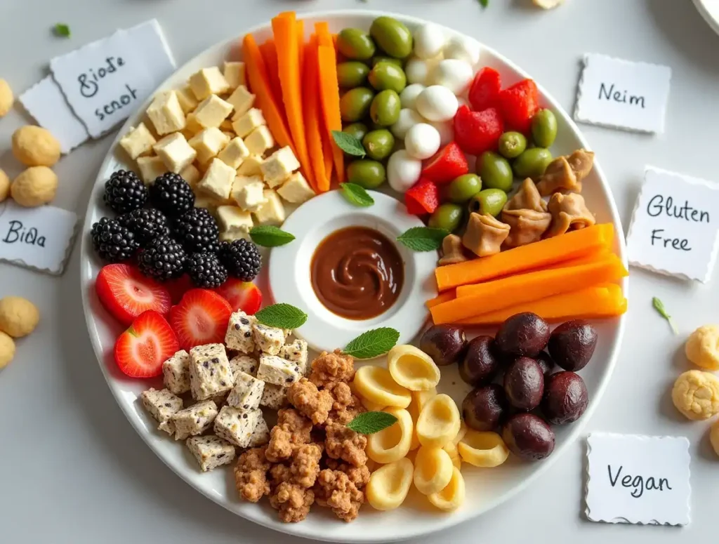 A large platter showcasing creative variations of finger foods, including Mediterranean, vegan, and sweet options with labels for dietary preferences.