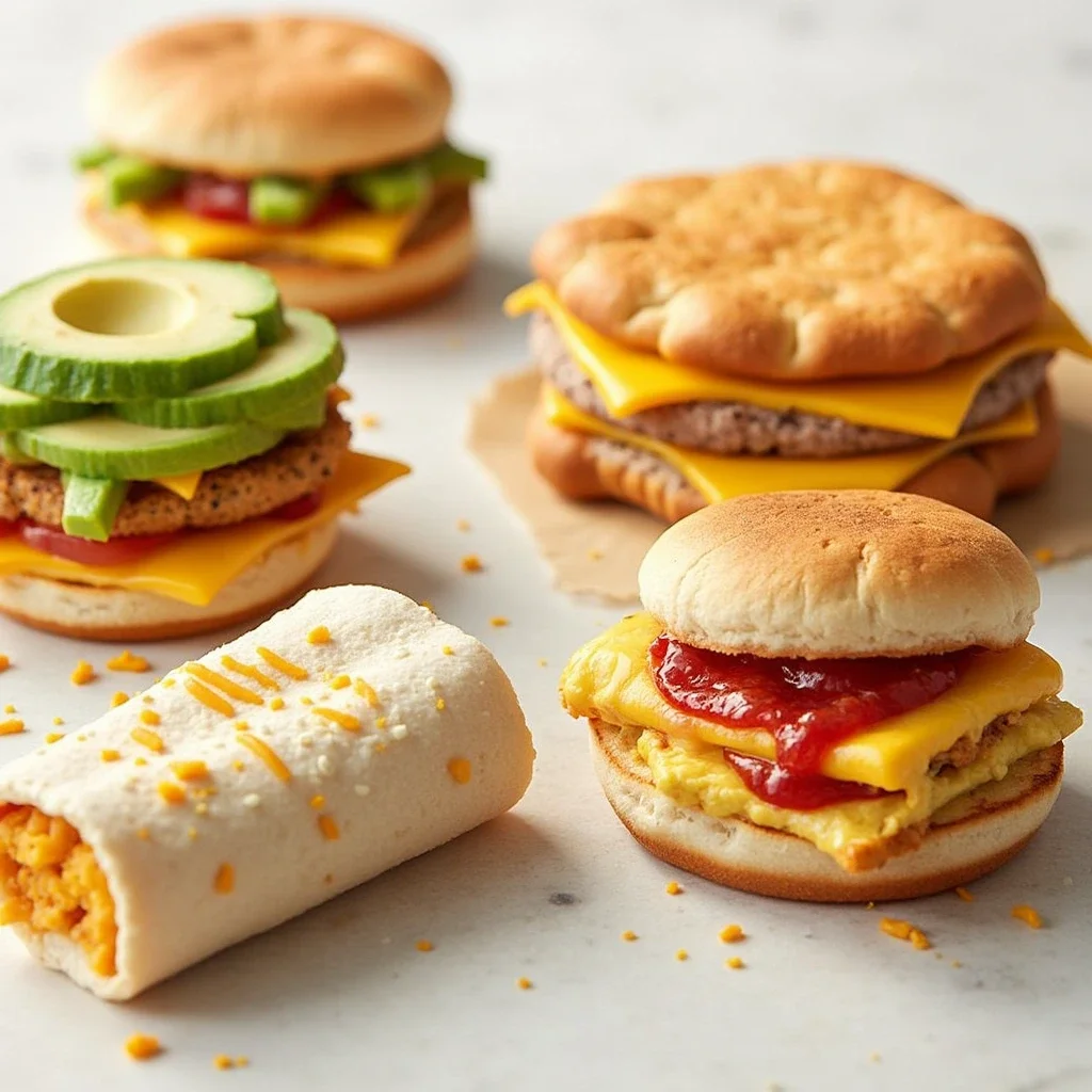 An assortment of breakfast items, including a breakfast burrito with melted cheese, a sandwich with egg and ketchup, a chicken burger with avocado slices, and a double cheeseburger on a marble surface."