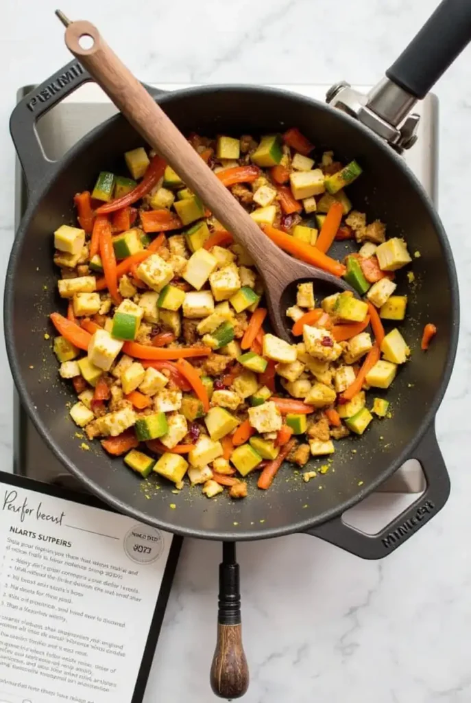 A skillet on the stovetop with vegetables and diced chicken being stirred with a wooden spoon, next to a recipe card with instructions.