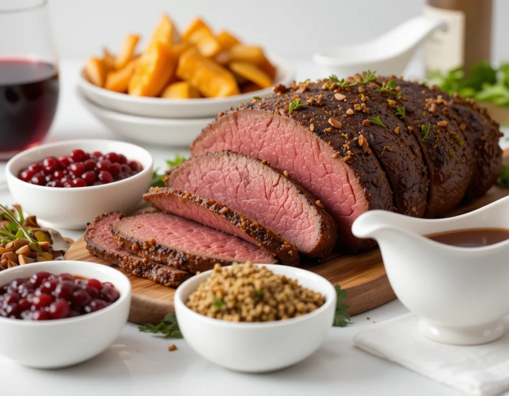 Sliced venison roast with cranberry sauce, herb topping, and gravy options.