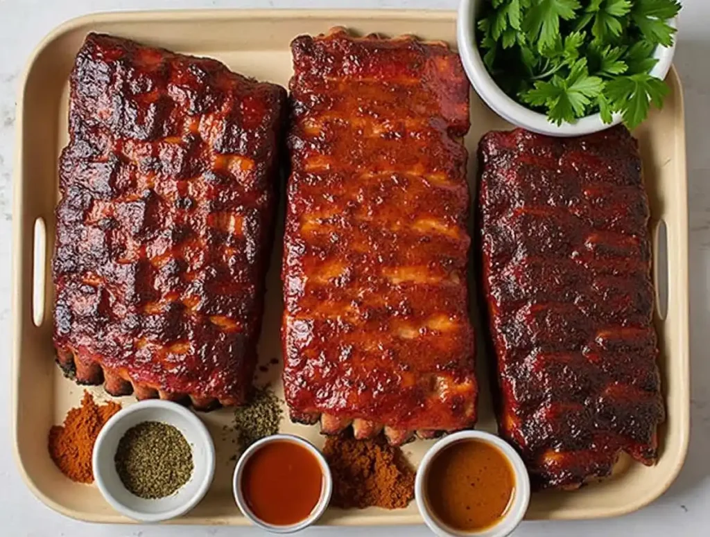 Beef back ribs in three variations: spicy rub, honey-glazed, and dry-rubbed, displayed with spices and garnishes.