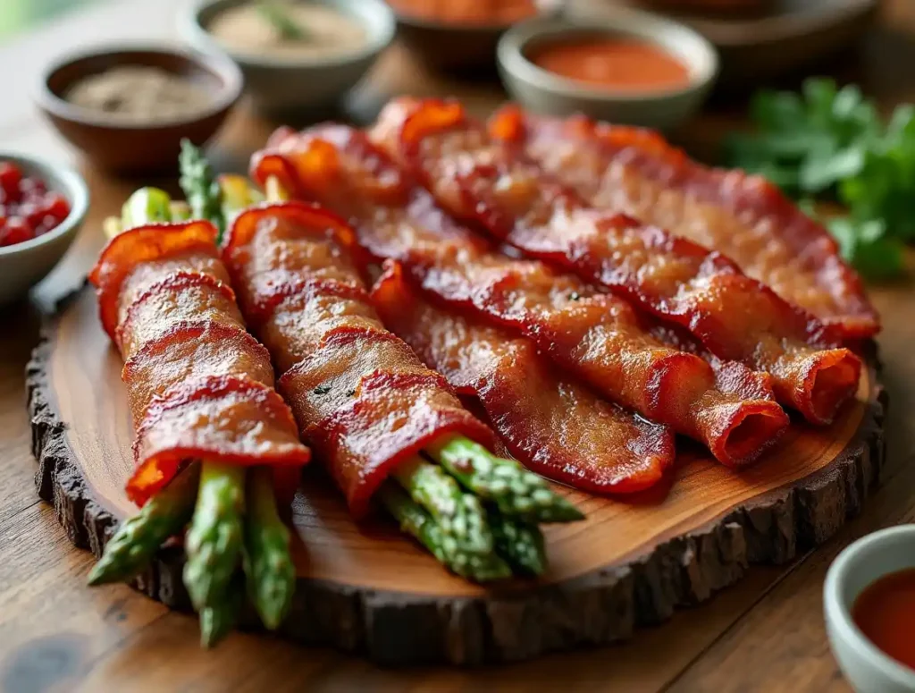 Variations of beef bacon, including maple-glazed, pepper-crusted, and bacon-wrapped asparagus.