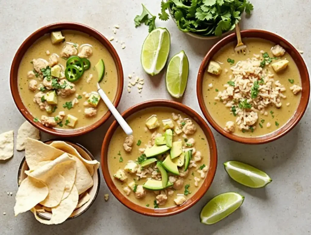 Variations of caldo de pollo featuring spice, rice, and tortilla garnishes.