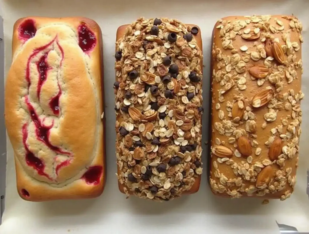 Variations of bread grain recipe with jelly swirls, seeds, and chocolate chips for creative inspiration.