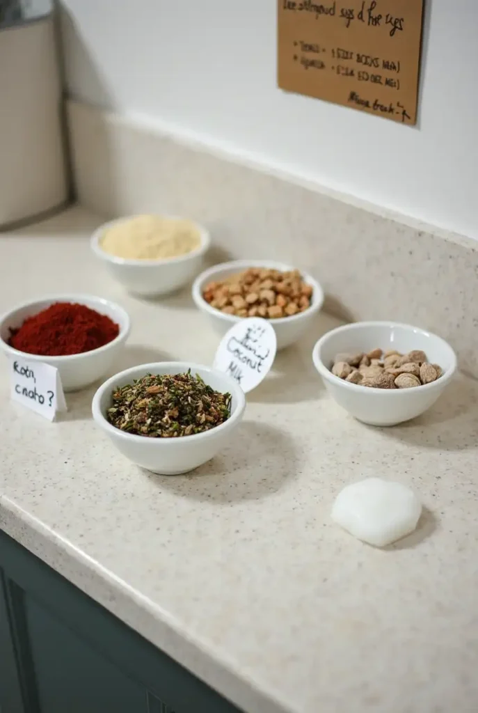 Small bowls of spices, herbs, and gluten-free substitutions on a countertop with a handwritten 'Pro Tips' note pinned nearby.