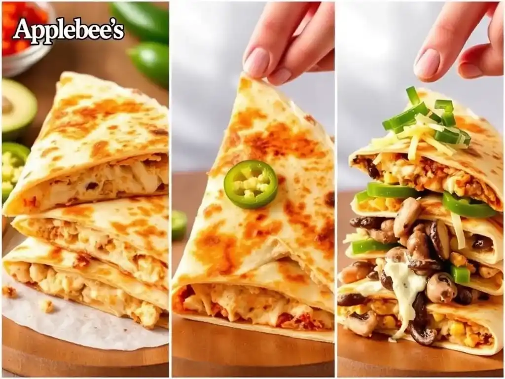 Different variations of Applebee’s Chicken Quesadilla, including classic, spicy jalapeño, and vegetable-loaded options on a rustic serving board.