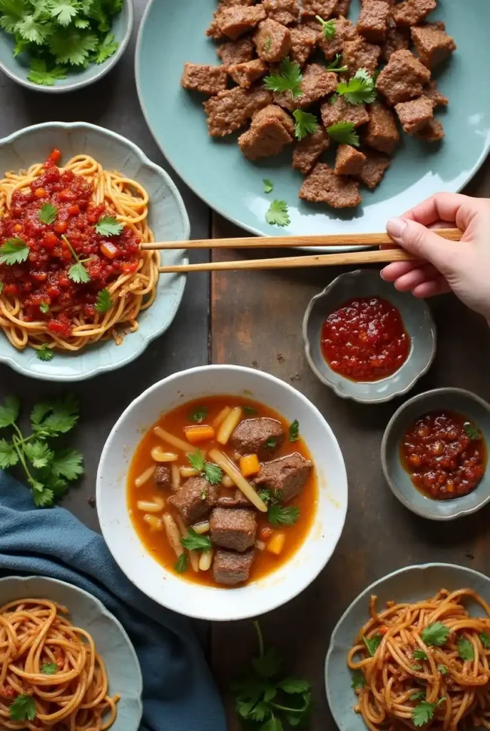 Three variations of beef tendon dishes: braised, stir-fried, and in soup.