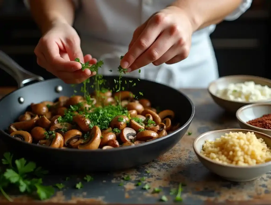 A chef garnishing a skillet of sautéed wild mushrooms with parsley and seasoning.