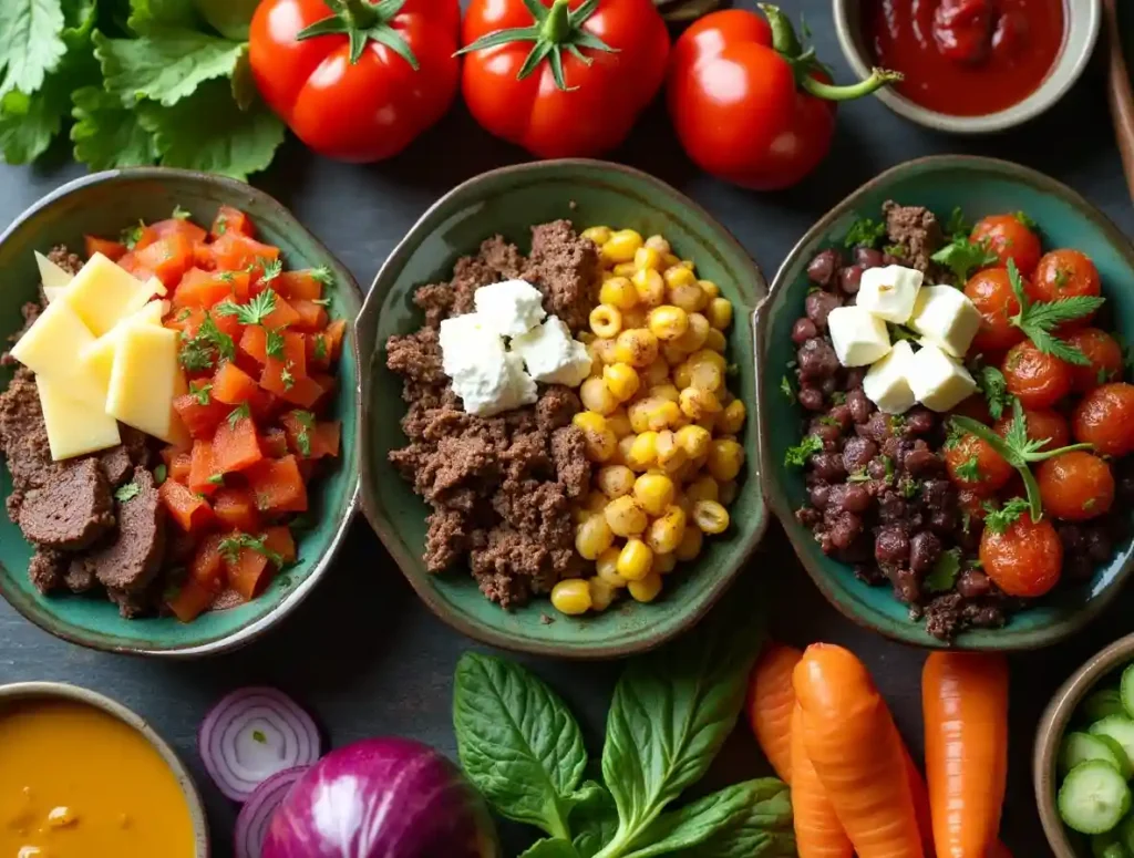 Three variations of burger bowls with different proteins and toppings.