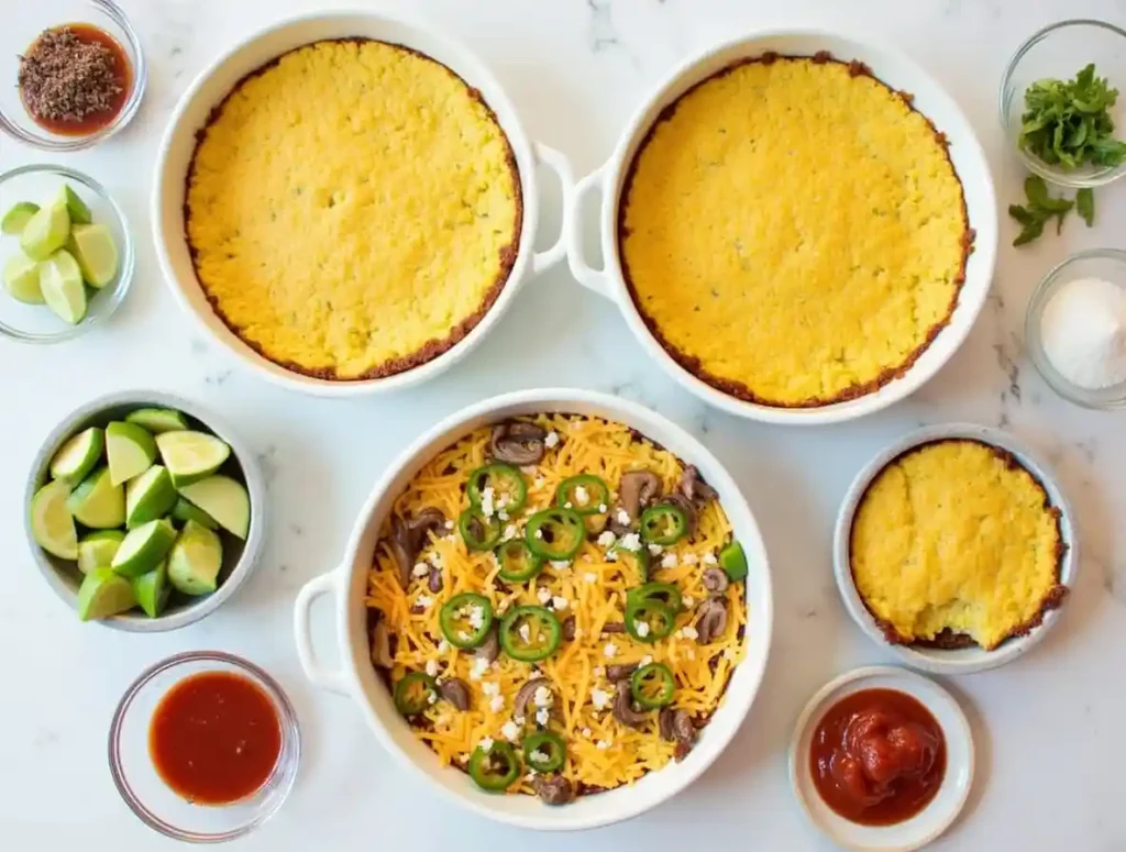 Different variations of cornbread-topped chili pie with garnishes.