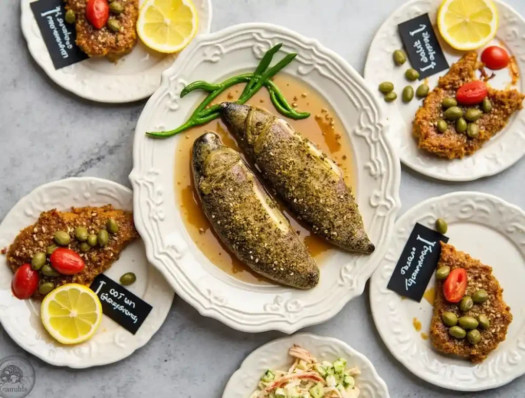 Steelhead trout with herb crust and three recipe variations on the side.