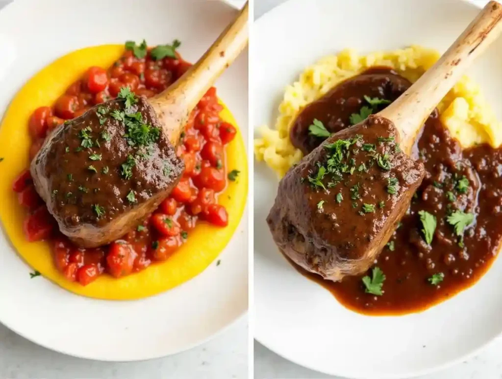 Two variations of bone-in shank, one with tomato sauce over polenta, another with brown sauce over mashed potatoes.