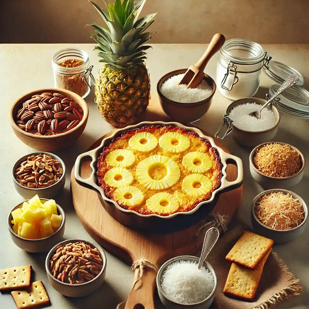 A pineapple casserole with suggested variations and tips displayed creatively.