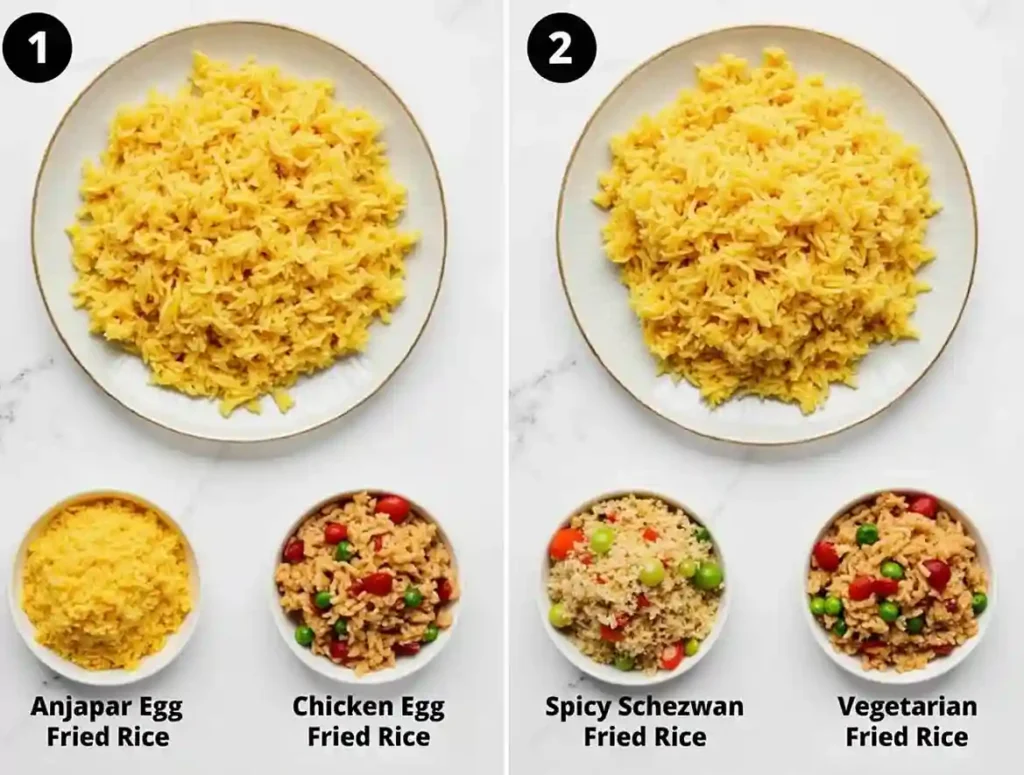 Side-by-side comparison of perfectly cooked Anjappar Egg Fried Rice and common mistakes, with variations like Chicken and Schezwan Fried Rice