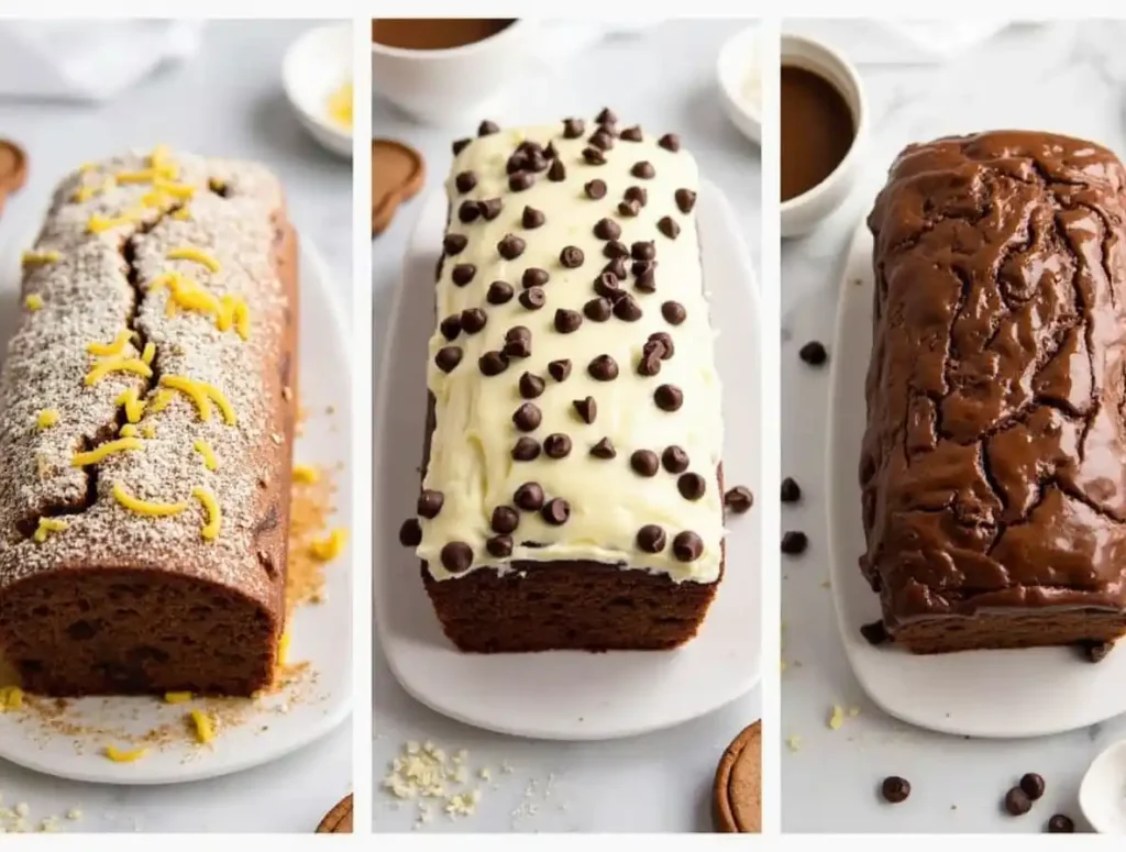 Three variations of chocolate cream cheese pound cake showcasing creative options.